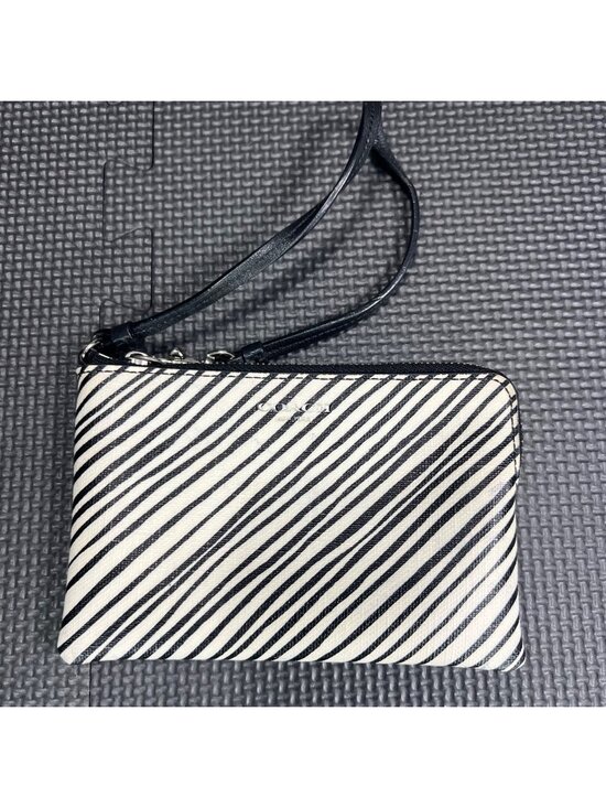 Coach Handbags - Coach Black & White Diagonal Stripe Leather Wristlet Zip Closure Compact Design